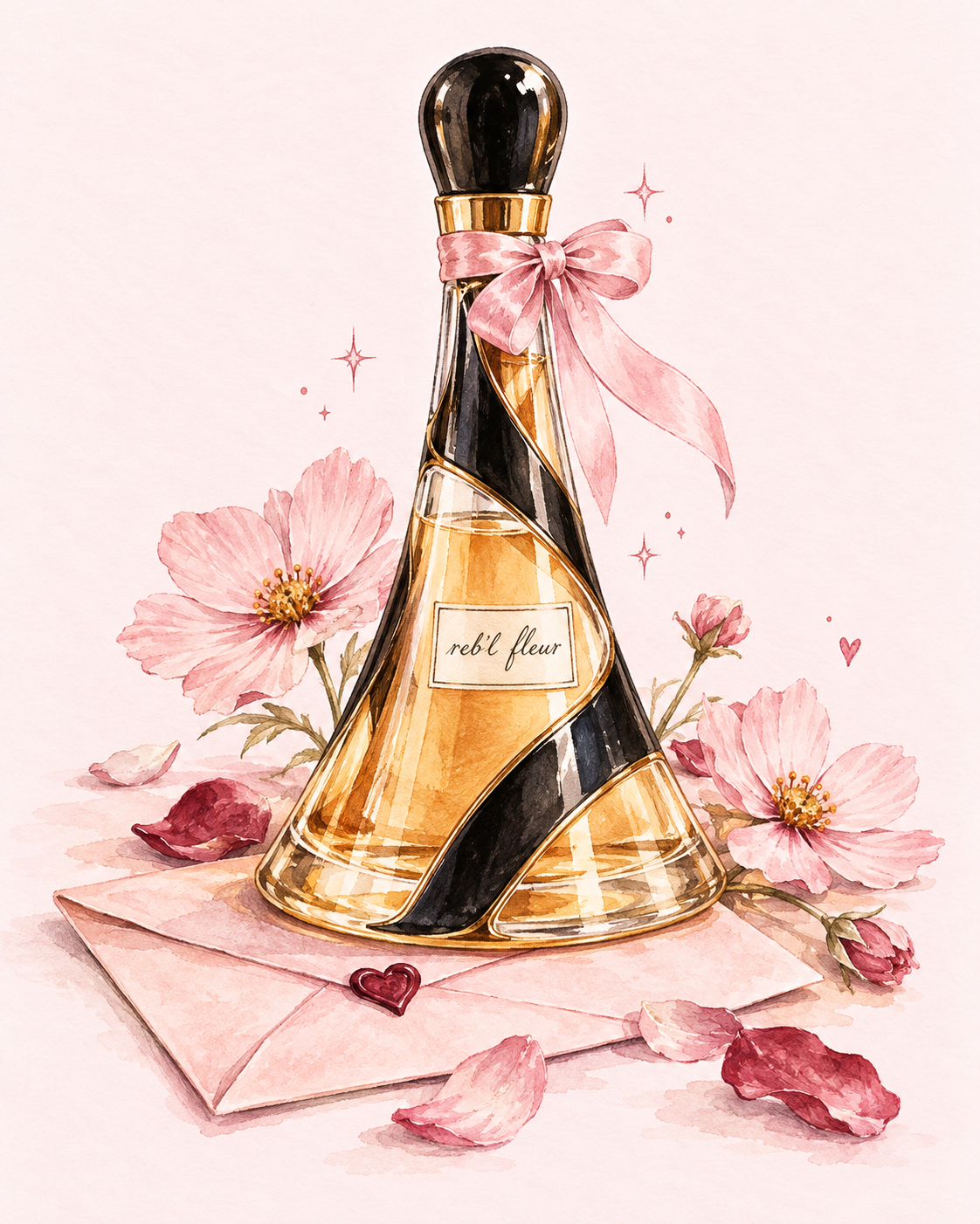 Pembe kurdele, narin çiçekler ve bir aşk mektubuyla Reb’l Fleur şişesinin romantik illüstrasyonu